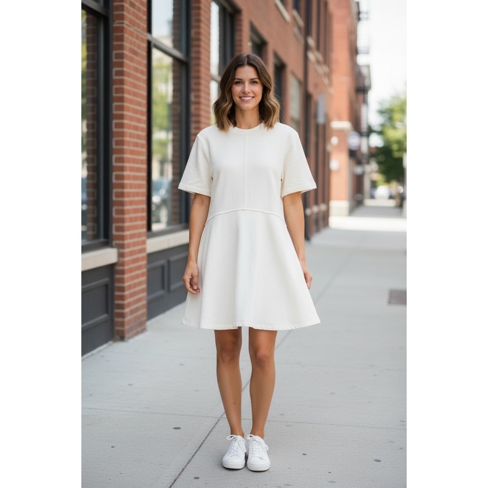 Sweaty Betty Sweatshirt Dress Womens 14 Cream Short Sleeve Seam Detail Mini